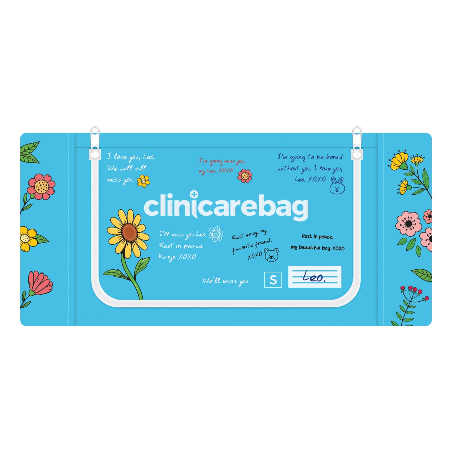 ClinicareBag farewell vessel showing integrated handles, reinforced material, moisture barrier base, expandable design and identification surface